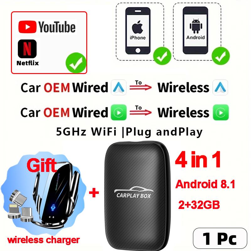 

4 в 1 Carplay Smart Ai Box, проводной к Android Auto, беспроводной адаптер Carplay BT WIFI для Netflix Youtub, подарочное автомобильное беспроводное зарядное устройство