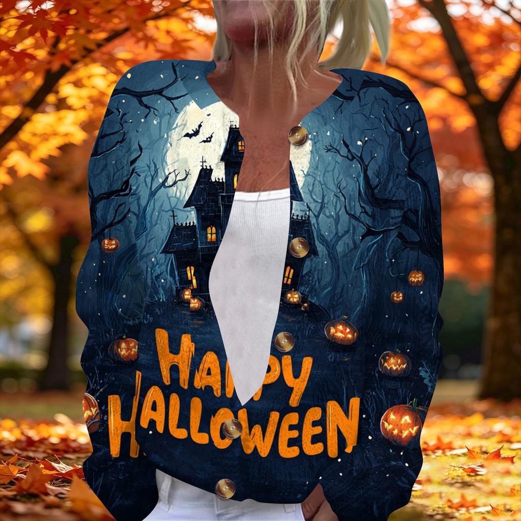 Women's Long Sleeve Knit Cardigan with Halloween Print and Button Front