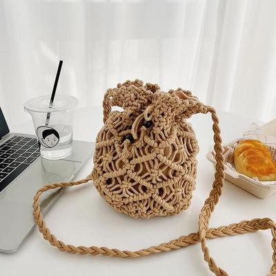 Summer New Water Bucket Bag Korean Version Beach Grass Woven Bag Hollow Woven Shoulder Bag Crossbody Bag Small Bag Girl CLE