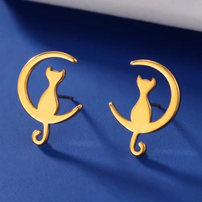 Teamer Crescent Cat Stud Earrings For Women Gold Color Cute Animal Stainless Steel Earrings Jewelry Birthday Gifts Wholesale New