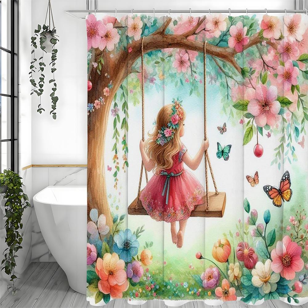 

Little Girl Swing Flower Tree Butterfly Shower Curtain, Bathroom Decorative Shower Curtain, Waterproof Shower Curtain with Hooks 90*180cm