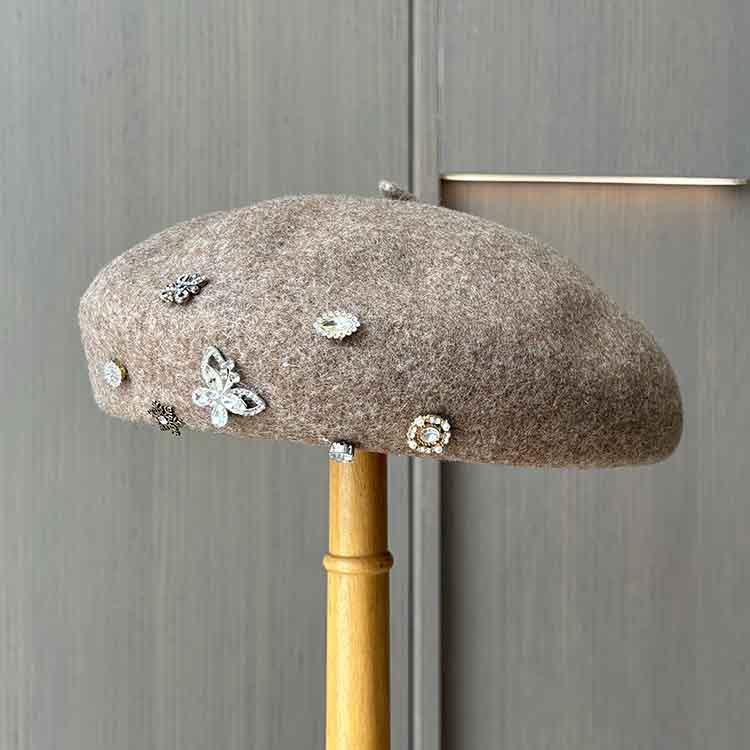 Tide British retro wool woolen rhinestone beret lady three-dimensional painter hat autumn and winter face small pumpkin bud hat