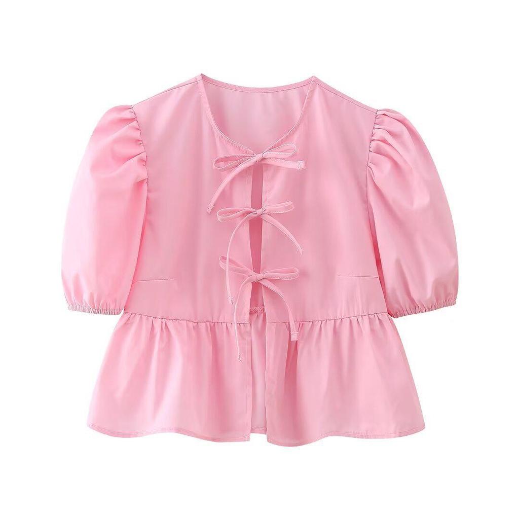 2024 Spring Women's Street Fashion Lace-up Puff Sleeve Top