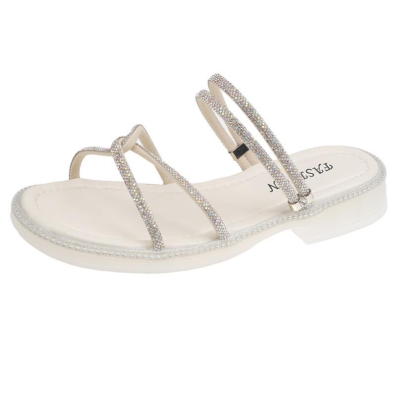 Sandals Girl 2025 New Women's Cool Slippers Summer Wear French Fairy Style Flat-bottomed Rhinestone Sandals