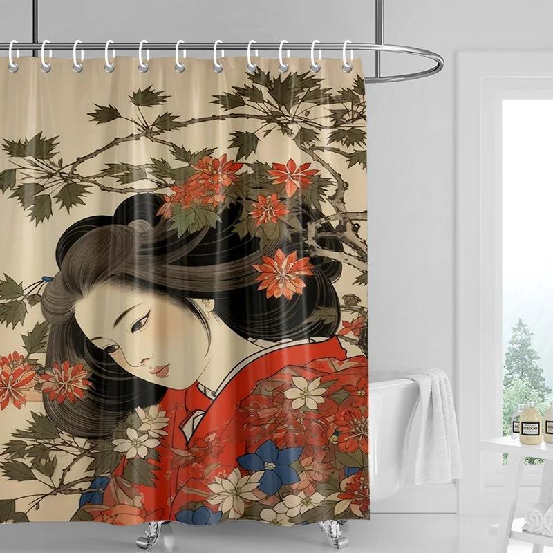 Japanese-style Gogi Retro Character Printed Shower Curtain Fading-resistant Bathroom Partition Curtain for Hotel Home Decoration