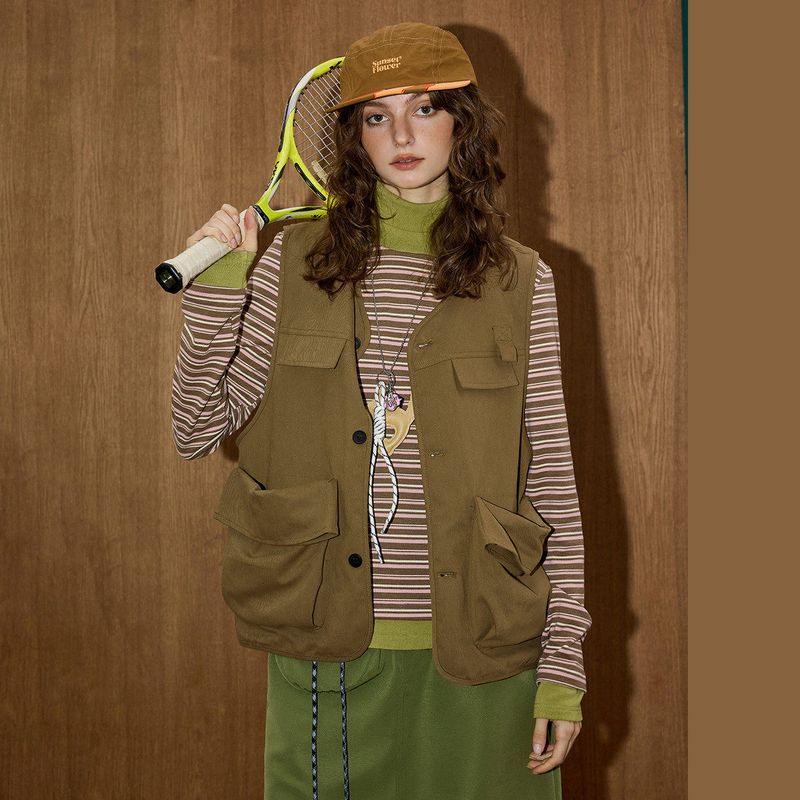 Coolhut Khaki Washed Workwear Casual Three-Dimensional Patch Pocket Vest 2025 Autumn and Winter New Women's Vest