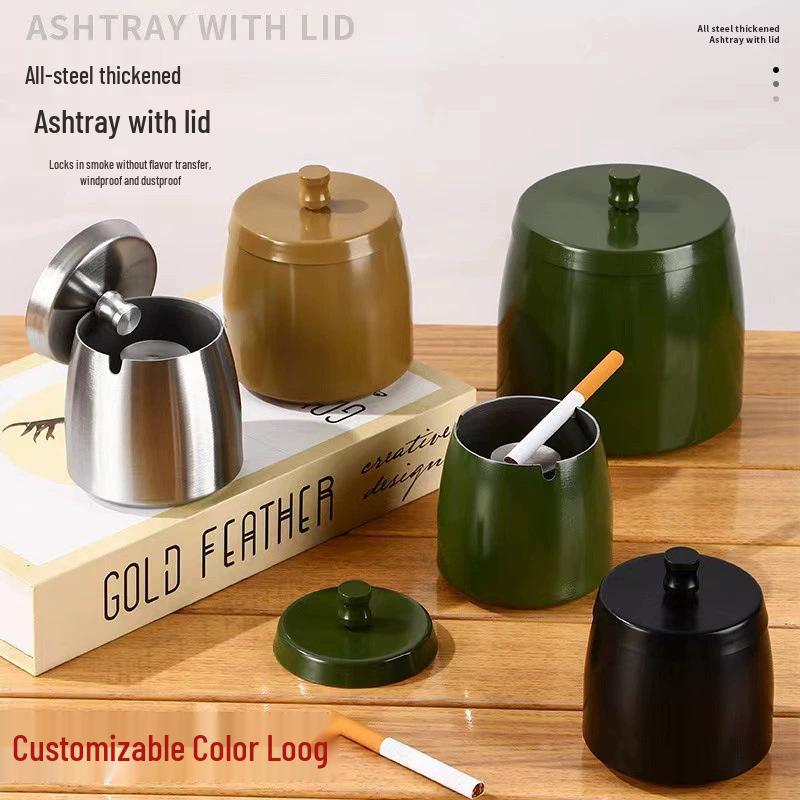 Stainless Steel Windproof Ashtray with Lid for Home, Restaurant, Cafe, or Hotel - Customizable Logo.
