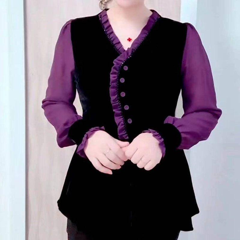 

Нова футболка з V-подібним вирізом та рукавами, оздобленими оборками, для жінок, з приталеним силуетом, що підкреслює фігуру, топ із золотого велюру XXL фіолетовий