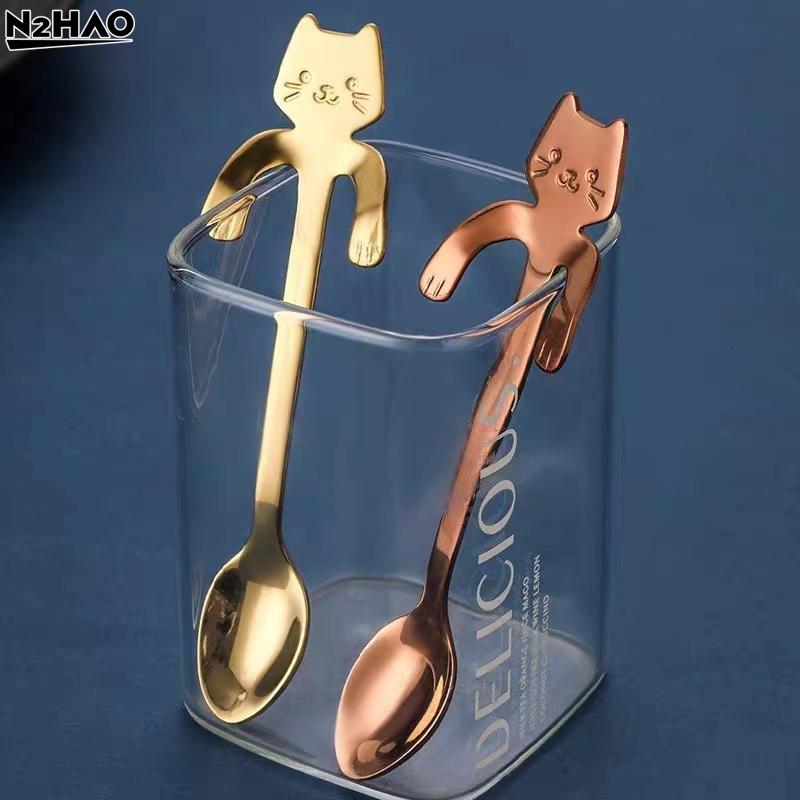 Aço Inoxidável Gato Fofo Colheres Penduradas Borda Lisa Design Adorável Adequado Para Café Chá Sobremesa Uso Doméstico