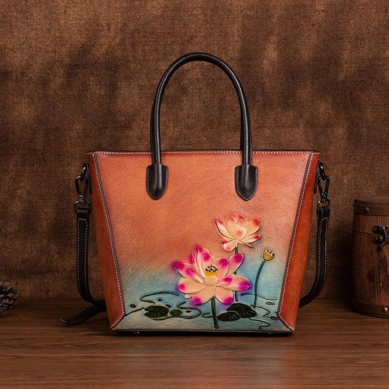 Johnature Retro Embossed Women Tote Bag Genuine Leather Luxury Handbag Leisure Natural Soft Cowhide Large Capacity Shoulder Bags