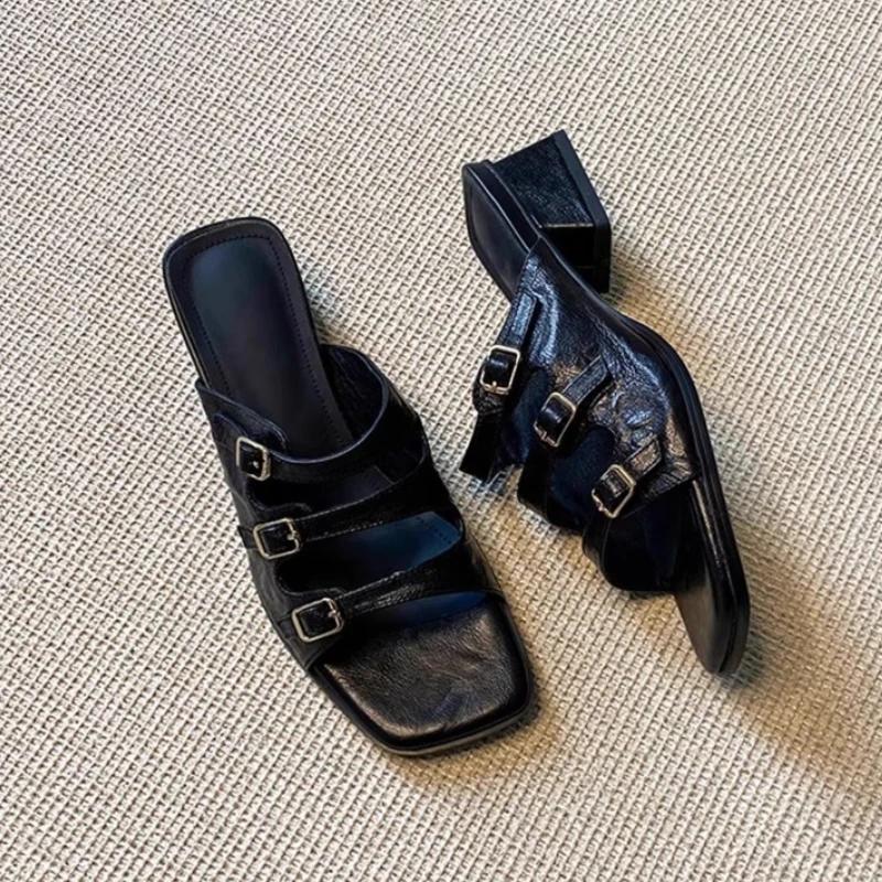 Fashion Women Slippers Fashion Square Toe Heeled Sandals Summer New Mid Heels Woman Shoes 2025 Casual Flip Flops Slides Mujer Zapatos