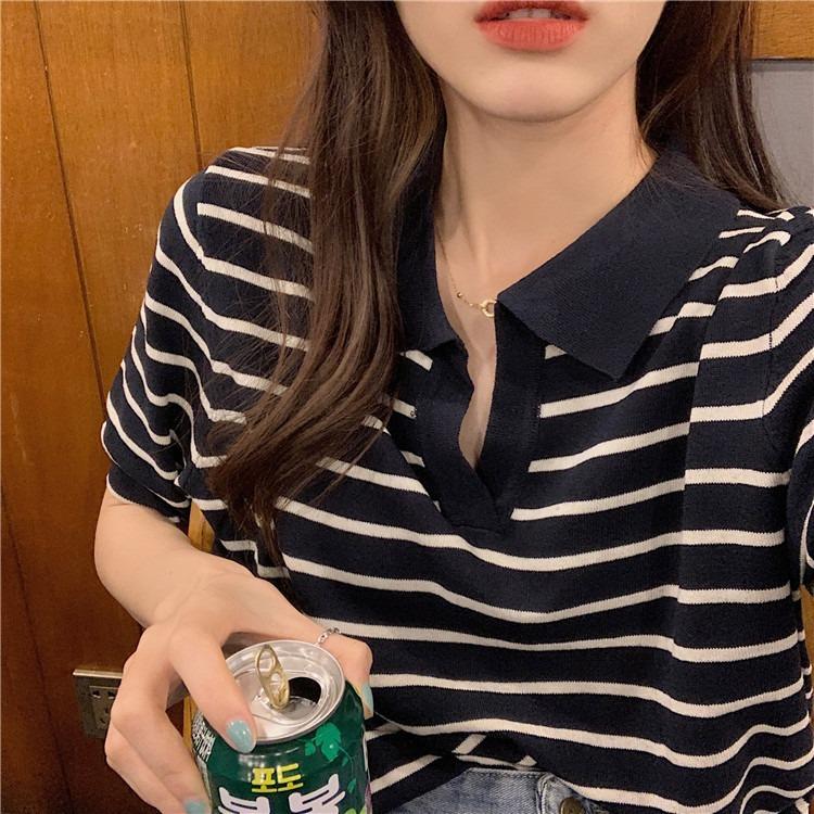 Modă Simplu Vară Retro Rever Dungi Tricot Subțire Pulover Topuri Larg Versatil Drept Mânecă Scurtă Tricou Femei Casual Slim Fit Pulovere Tricouri