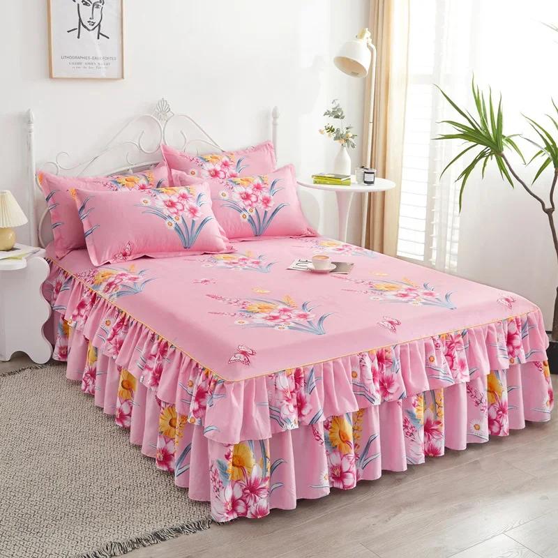 Double Layer Ruffled Bedroom Solid/Flower Pattern Cotton Bed Skirt Coverlets Elastic Tight Dust Cover Bedding