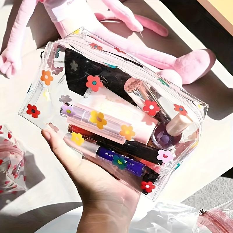 Transparent Flowers Design Pencil Case Girls' Portable Cosmetic Bag Cartoon Women Ladies PVC Makeup Bag Stationery Storage Bag