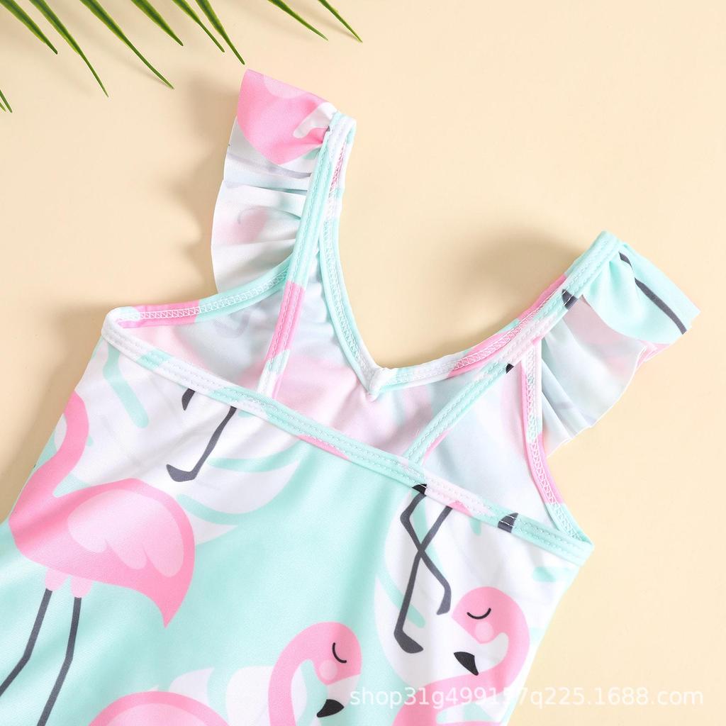 Girl's Flamingo Print Spaghetti Strap V-Neck Swimsuit