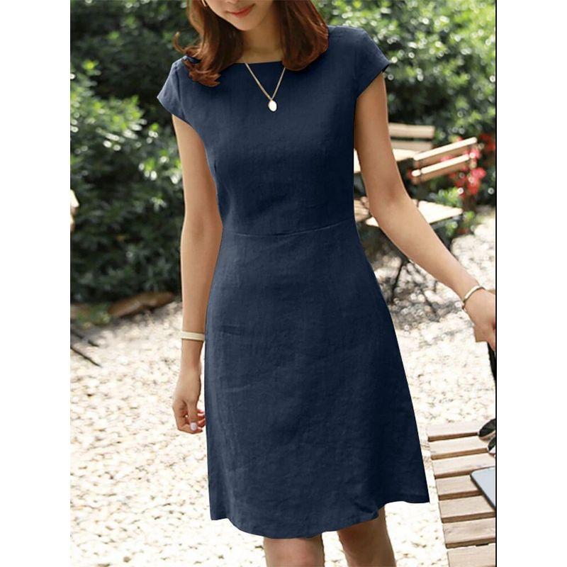 

Cotton and Linen Dress Ladies New Back Large V Cut Out round Neck Short Sleeve Cotton and Linen Dress Navy S