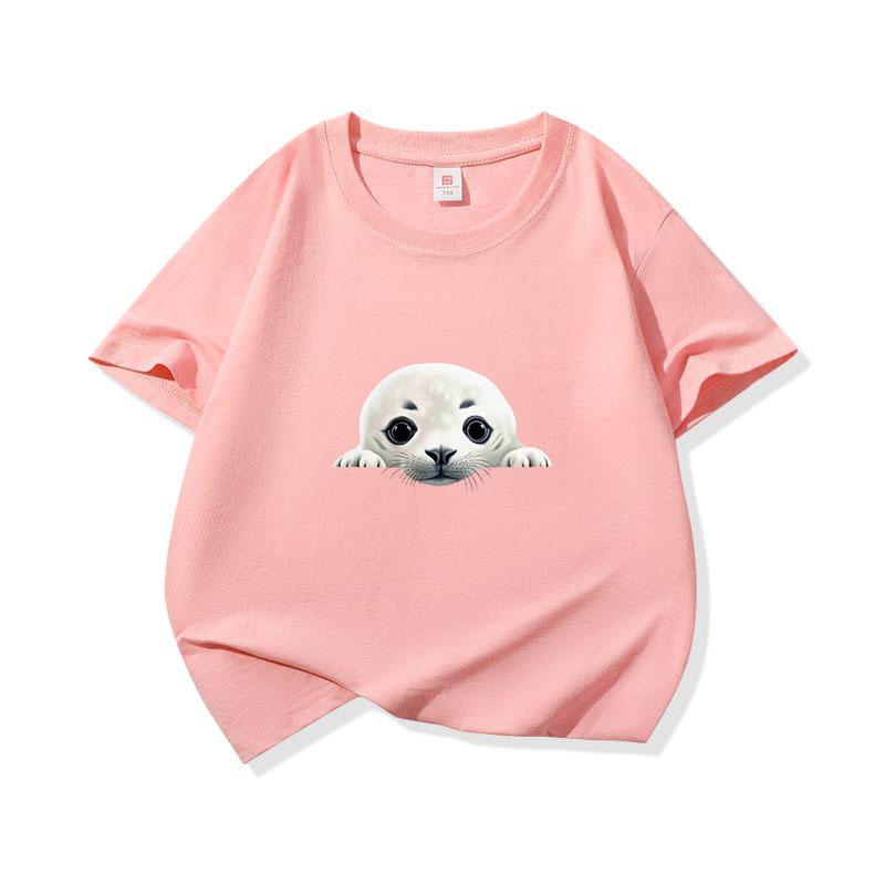 Kids Cotton T Shirt Cute Peeking Seal Print Crew Neck Short Sleeve Tee Casual Breathable Boys Girls Summer Tops