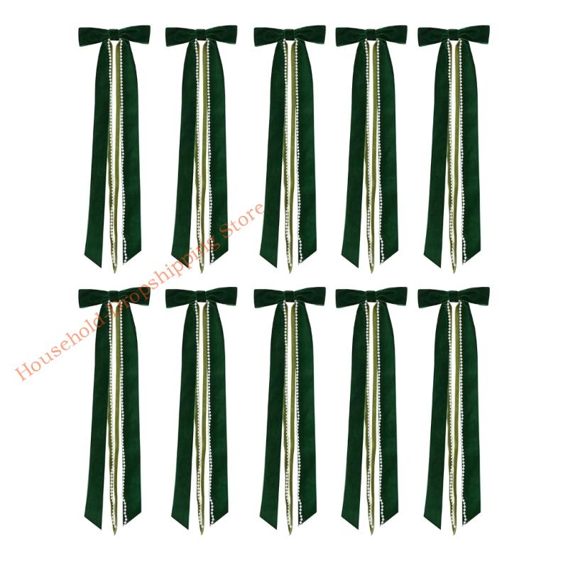 10Pcs Christmas Tree Bowknot Decoration Long Pearls Tassels Bowknot Ornament For Wreath Holiday Tree Wedding Backdrops