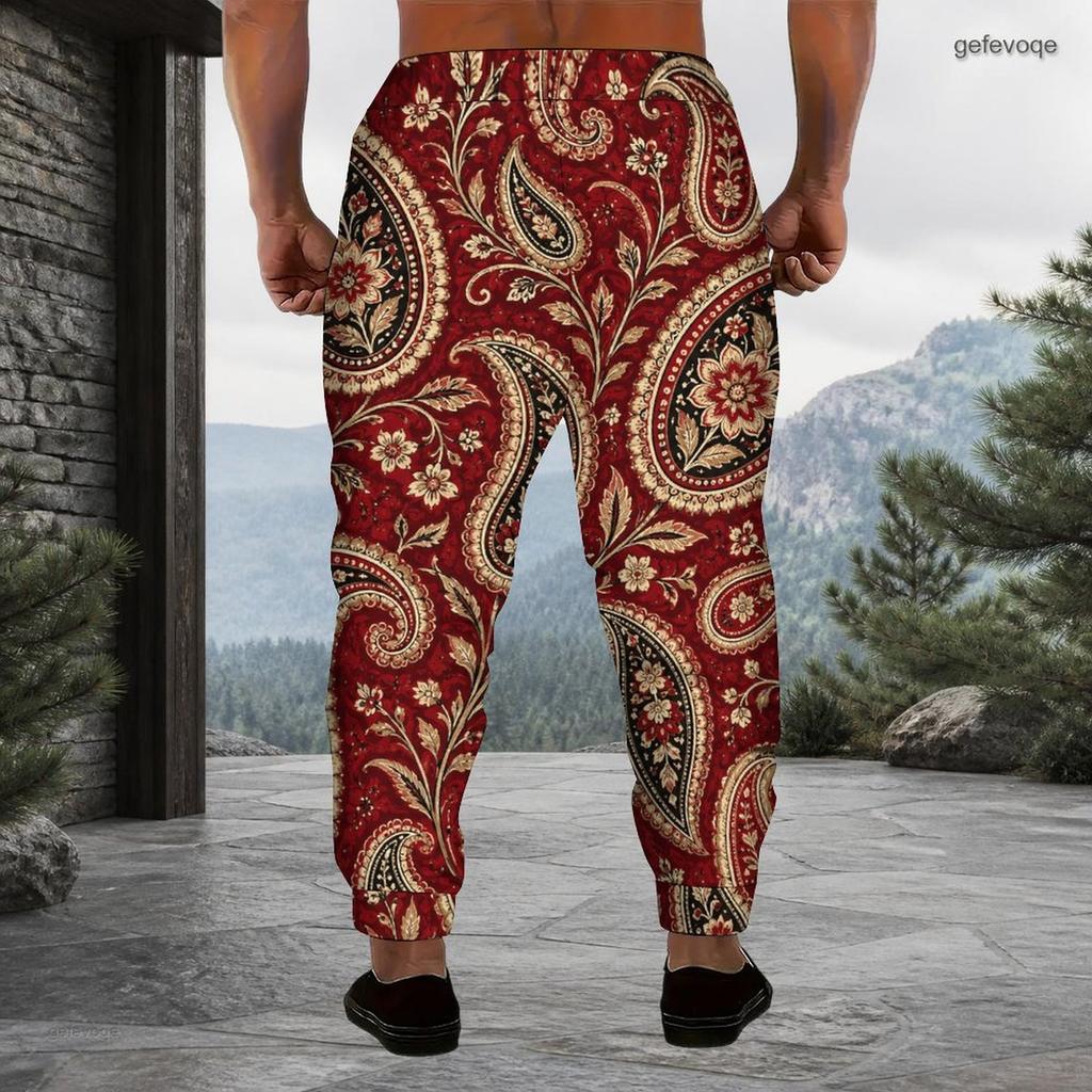 Men Plus Size Red Paisley Printed Drawstring Waist Jogger Pants Side Pockets Cuffed Ankle