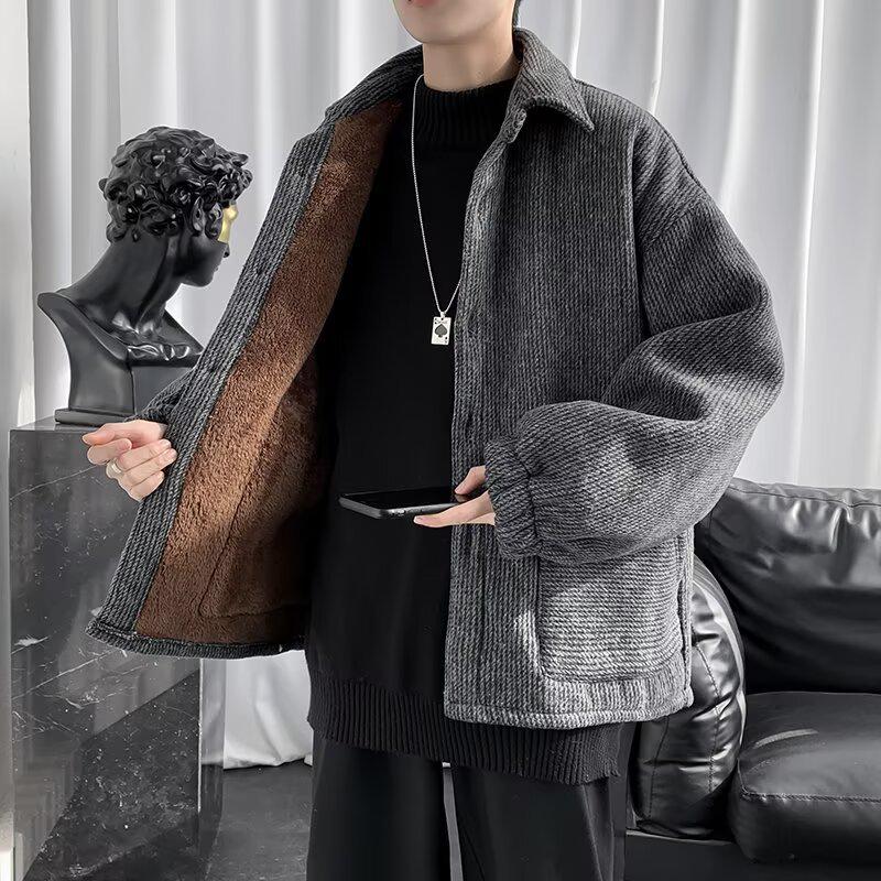Men s Autumn/Winter Velvet-Lined Woolen Jacket - Korean Style, Trendy, Thick, and Warm for Couples 2XL