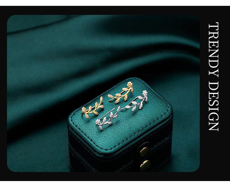 Banyan Tree S925 Silver Olive Branch Leaf Zircon Ear Hooks - Cold Style Summer Earrings for Women