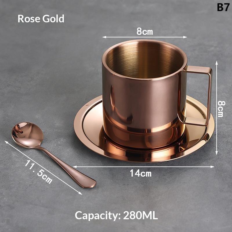 Tasse à café en acier inoxydable 170/200/250/280 ml Tasse à lait et ensemble soucoupe Avec sous-tasse Tapis Cuillère Poignée Facile à nettoyer et réutilisable