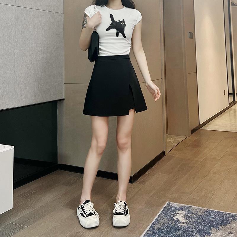 2024 Yaz Kolej Tarzı Yüksek Bel A Kesim Yırtmaçlı Kadın Etek