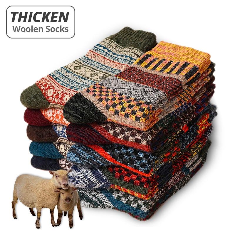 5 Pairs Winter Men's Socks Thicken Sheep's Wool Socks Warm Women Retro Style Colorful Fashion Man Socks for Snow Boots