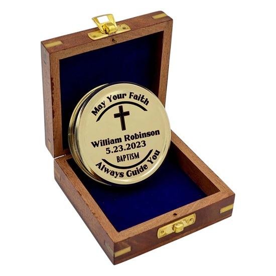 Brass Compass with 100-Year Calendar with Engraved Wood Box Home Decor
