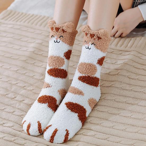 Fuzzy Sleep Socks Warm Cute Cat Plush Socks Stretchy Breathable Winter Indoor Socks