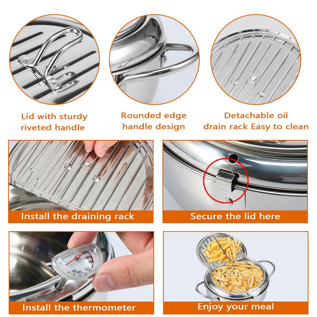 21/24/28 CM Deep Fryer Pot Stainless Steel Oil Pan with Strainer Basket and Thermometer Tempura Oil Fryer for Cooking Kitchen