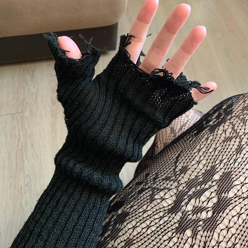 1pair Black Tattered Punk Unisex Fingerless Cuff Knit Gloves Women Men Elbow Length Mittens Broken Stretch Arm Warmer Gloves