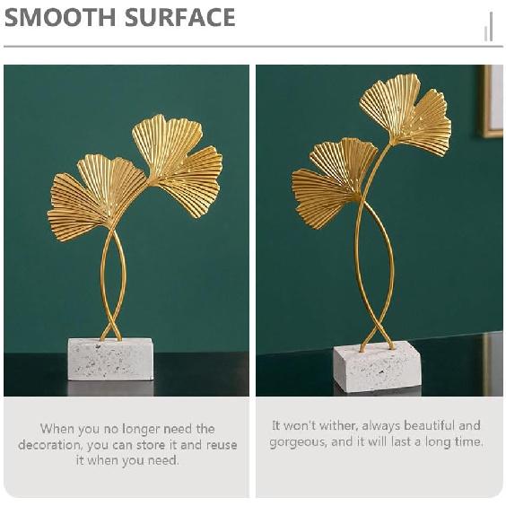 Cabilock 2Pcs Golden Gingko Leaf Statue Gold Leaf Metal Sculpture Metal Iron Leaf Sculpture Figurine Table Home Decoration with Wood Base for Bedroom