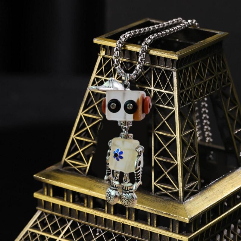 Wood Block Robot Pendant Necklace Adjustable Length Punk Neckchain Stylish Leather Cord Accessory Fade Resistant Chokers