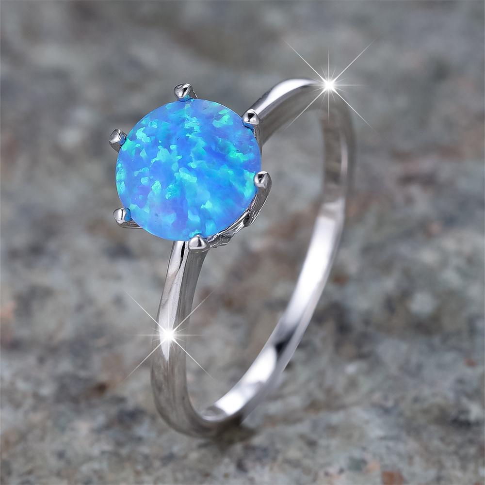 Blaue Feueropal Sechs Krappen Runde Steinringe Für Frauen Vintage Silberfarbe Eheringe Geburtsstein Schmuck Weihnachtsgeschenke