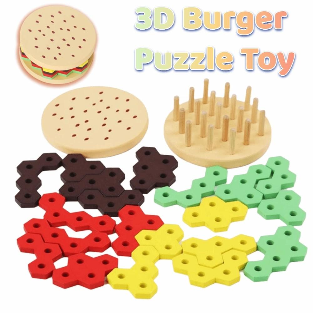 Creative Hamburger Puzzle Building Toys Wood Blocks Hamburger 3D Blocks  Children Early Learning