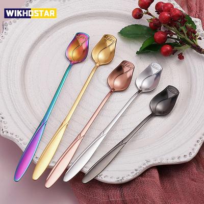 Kaffeelöffel mit langem Griff, Edelstahl, Rosen-Rührlöffel, ungewöhnliche Blumenschaufel, winziger Teelöffel für Dessert, Eis, schönes Geschenk
