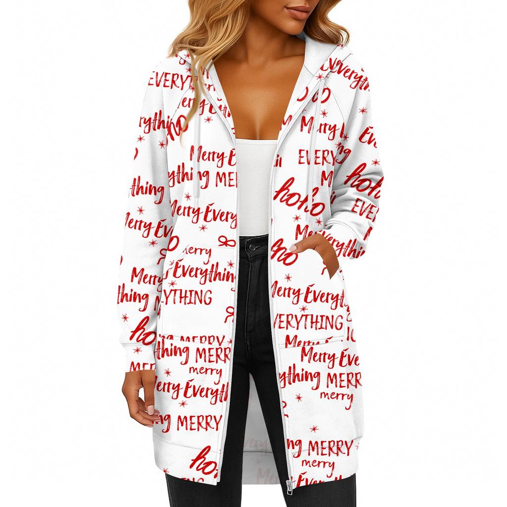 Women's Fashionable Christmas Printed Long Sleeved Drawstring Hooded Zipper Pocket Long Casual Sweatshirt Jacket