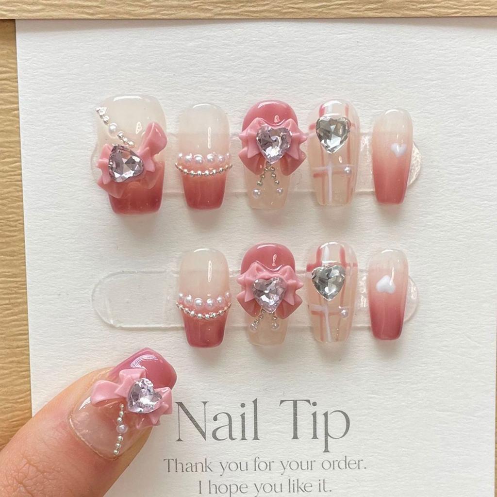 10Pcs Pink Plaid Short Stiletto Handmade False Nails For Women
