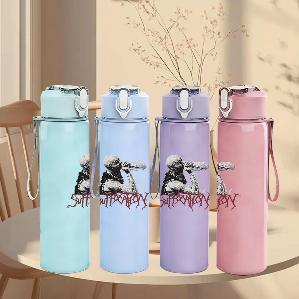 1PC Faint band group grunge sketch print 750ml colorful plastic sports water bottle leakproof pop up lid with straw for outdoor work home use