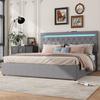 180*200cm Flat Bed, Upholstered, Hydraulic Bed with Lifting Mechanism, Color-Changing Ambient Light, USB Port, Gray