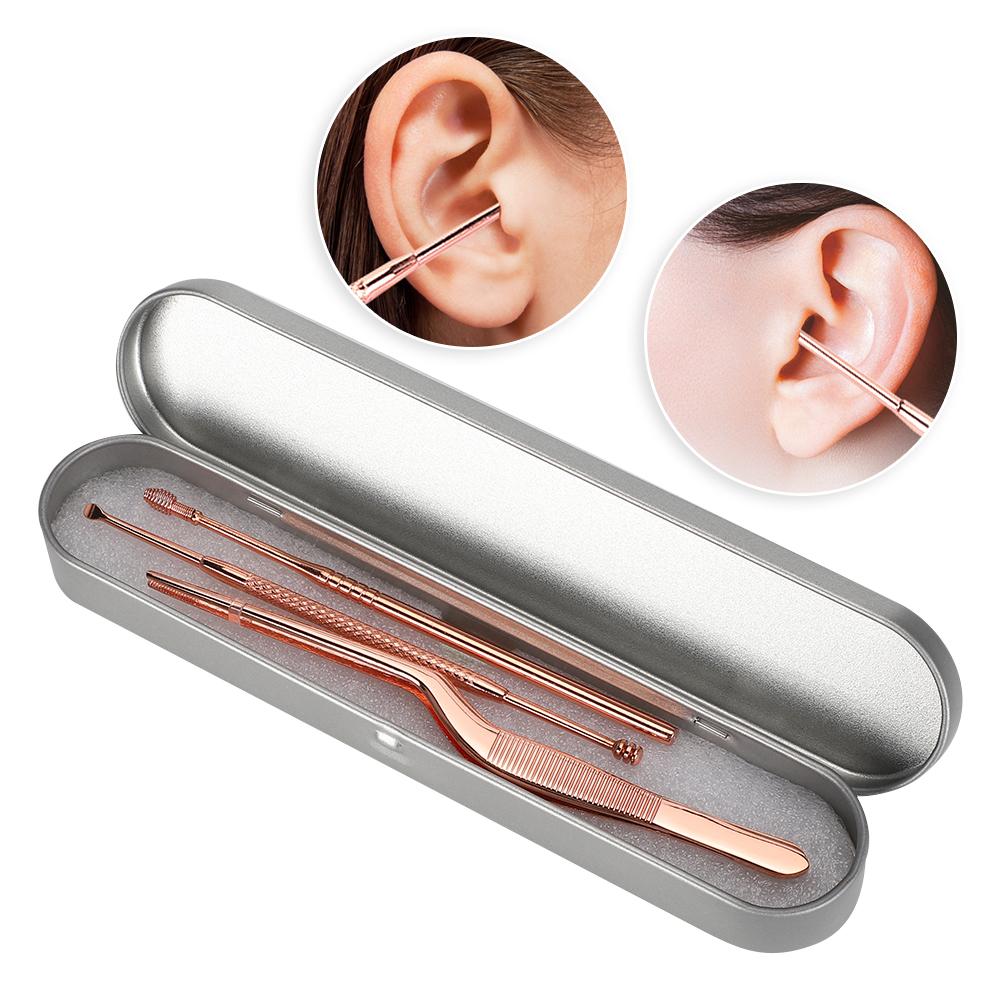 3pcs Stainless Steel Ear Pick Double Head Ear Wax Remover Curette Tweezers Set (Rose Gold)