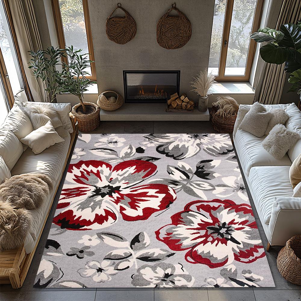 Red White Floral Bohemian Rug, Non-Slip Vintage Living Room Carpet, Soft Gray Background Floor Mat for Home Decor