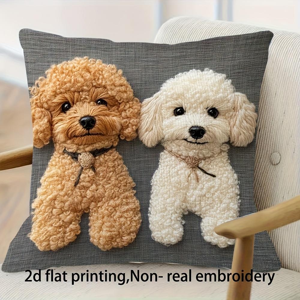 Cute Poodle Dog Pillow Cover Faux Embroidery 2D Print Soft Cozy For Sofa Bed Living Room Puppy Lover Gifts