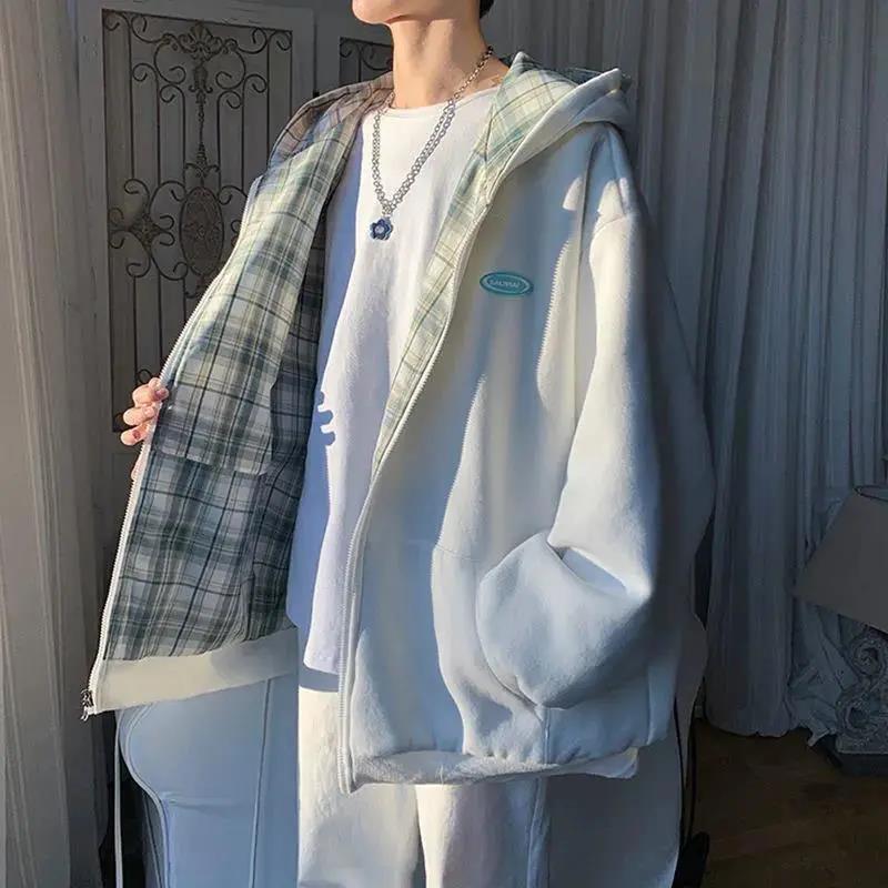 Double-sided Jacket Men and Women Spring and Autumn Japanese Loose Baseball Uniform All-match Cardigan Long-sleeved Warm Hooded Jacket