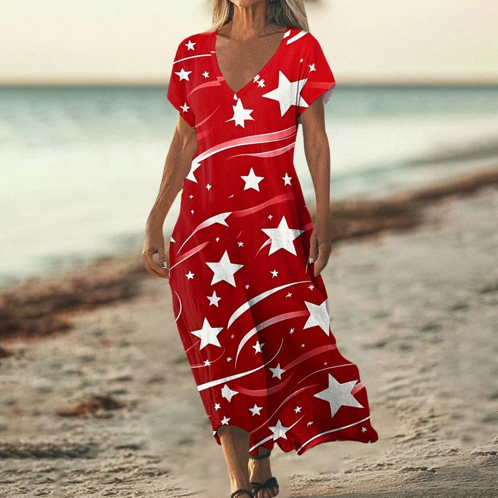 Sommerkleid Damen Lang Strandkleid Elegantes Kleid V-Ausschnitt Kurzarm Sommerkleid Leicht Luftig