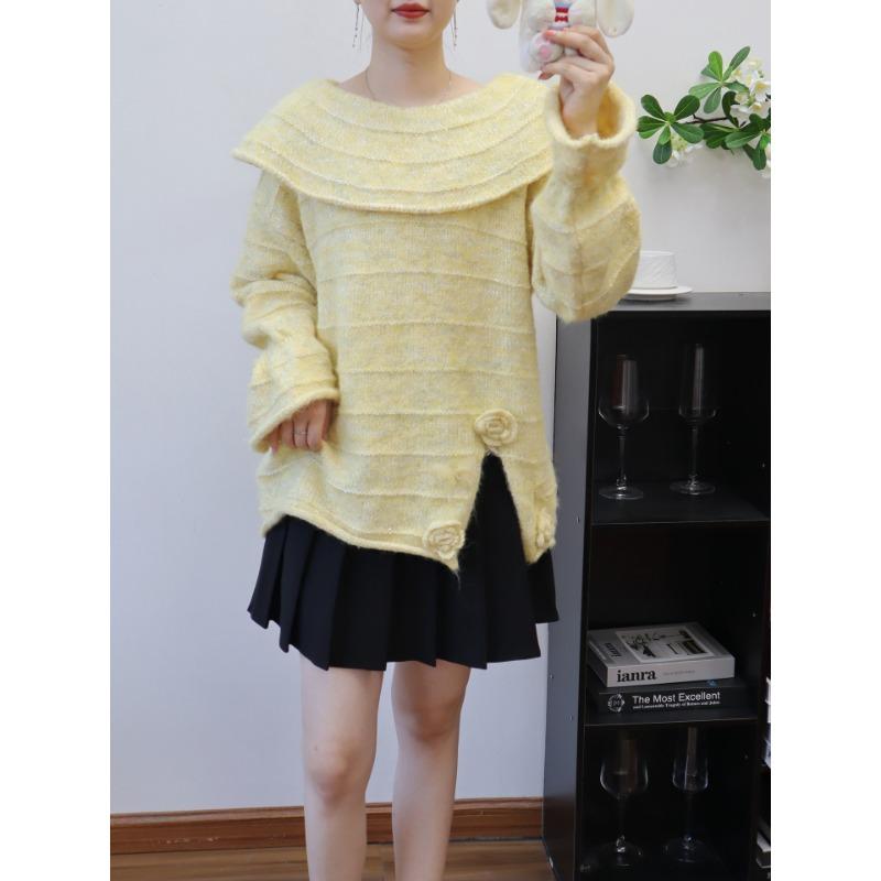 Lotus leaf collar three-dimensional flower butterfly design sense knitted sweater top autumn and winter new loose sweater pullover woman