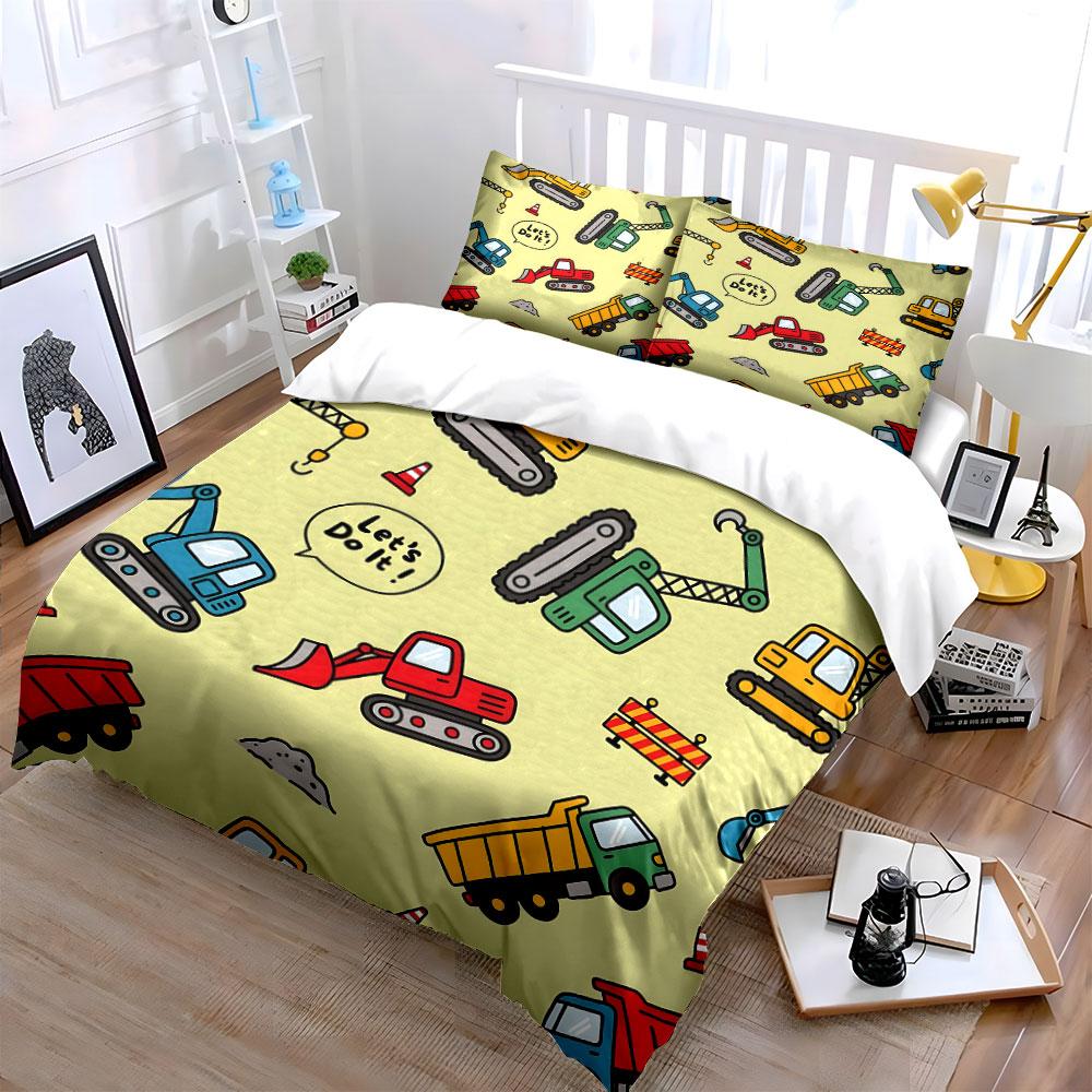Construction Vehicles and Barriers Pattern Print Bedding Set 1 Duvet Cover 2 Pillowcases for Adult and Children Luxury Gift