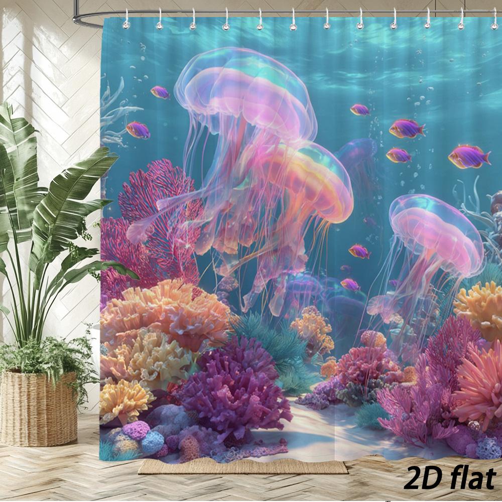 

Jellyfish & Coral Reef Shower Curtain – Dreamy Underwater Scene, Polyester Bath Decor 70.8X70.8In, Machine Washable, 12 Hooks W60H190(CM)-1 Pcs