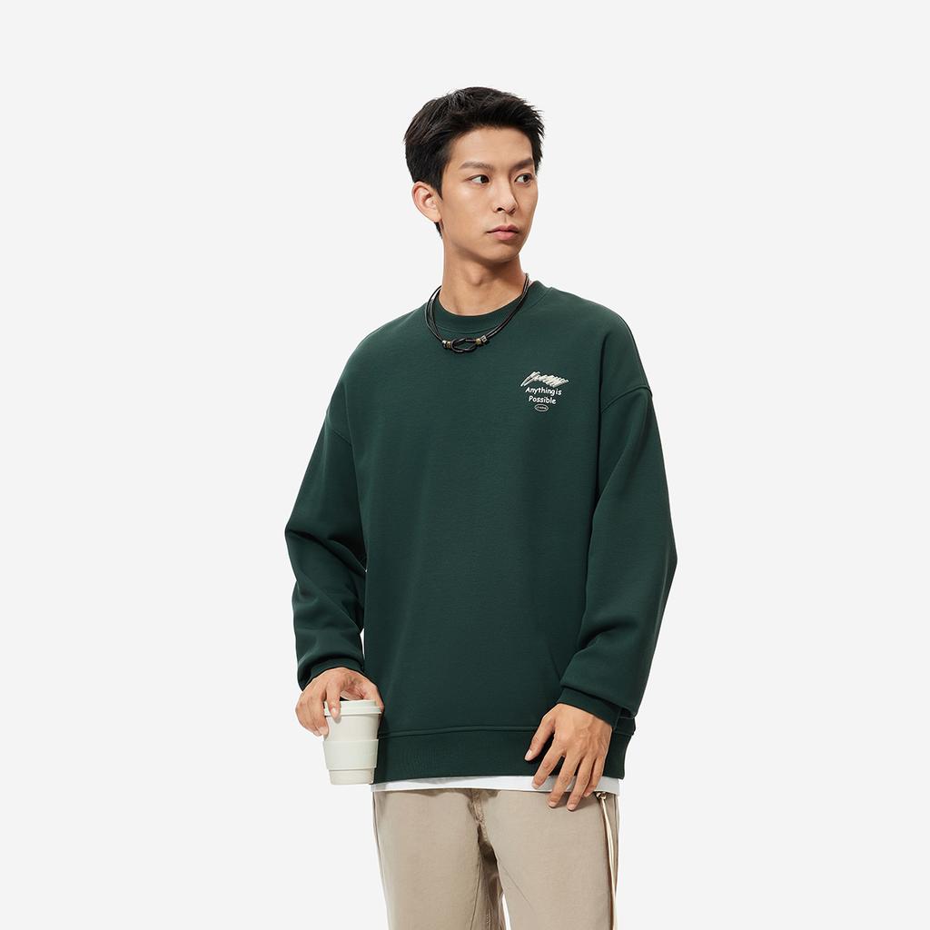 Li Ning Sports Lifestyle Series Brand Logo Anti-Static Fleece Warm Loose Crewneck Sweatshirt Men Sweatshirt Green AWDU981-11